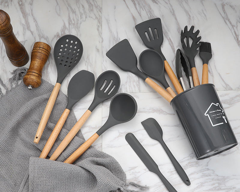 Non-Stick Silicon Kitchen Tool Set 12-Pcs (Utensils)!