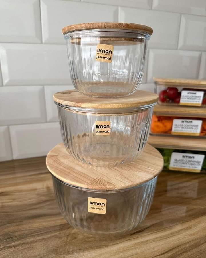 Limon Glass Bowl Set with Wooden Lid