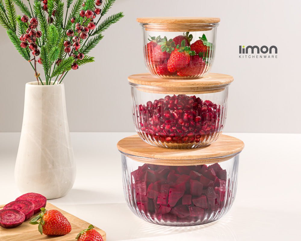 Limon Glass Bowl Set with Wooden Lid
