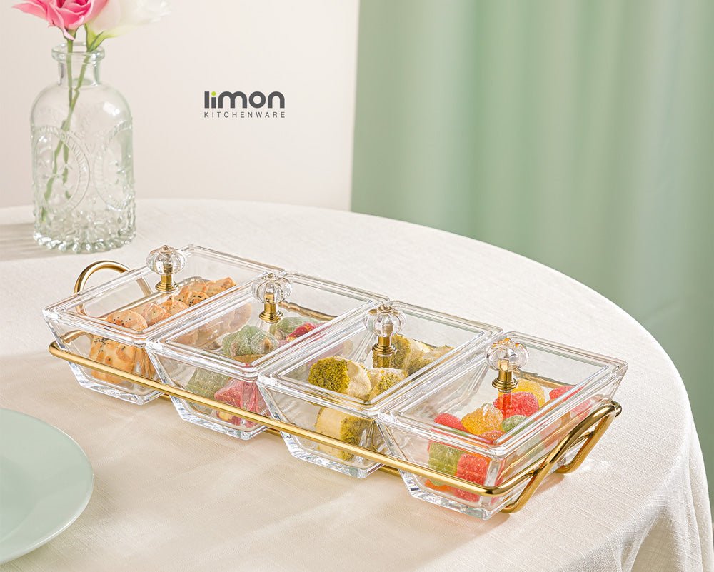 Limon Glass Snack Serving Tray 4-Sections (Rectangle)
