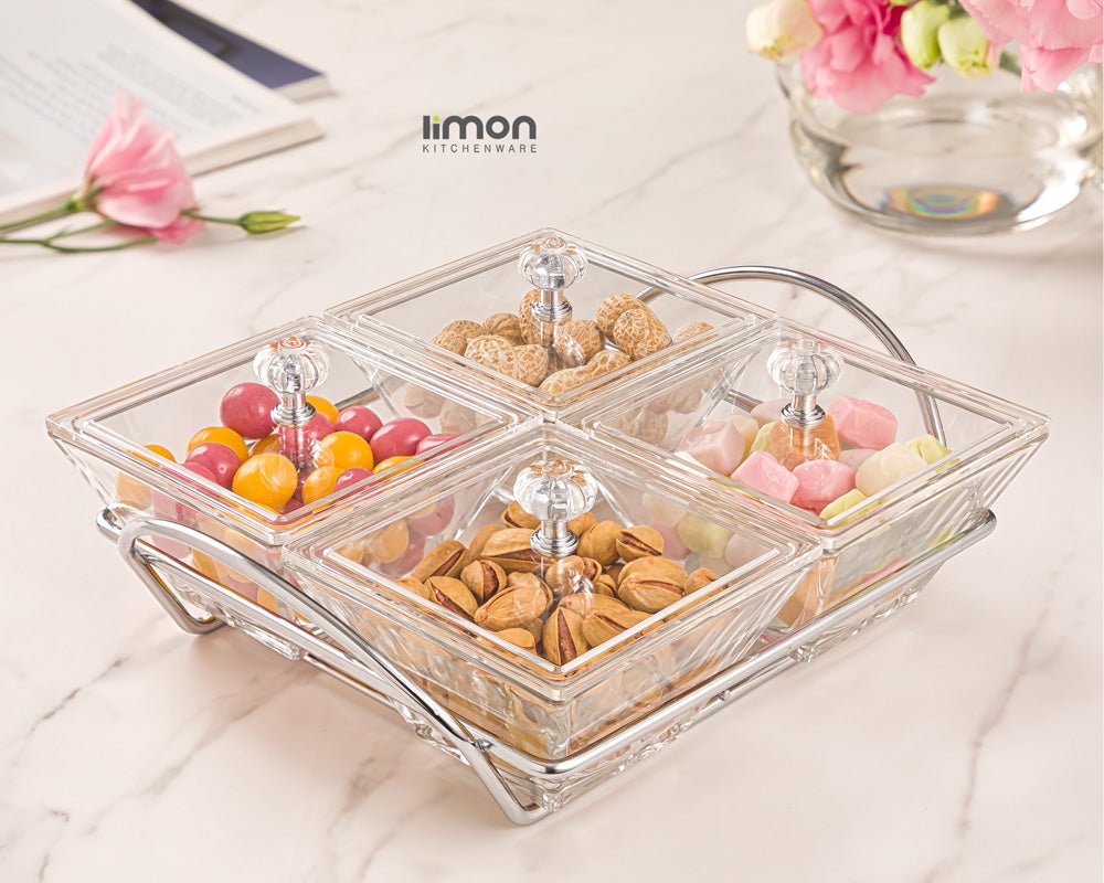 Limon Glass Snack Serving Tray 4-Sections (Square)