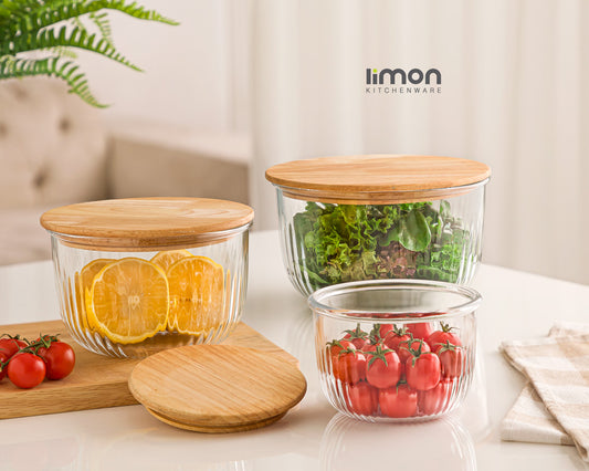 Limon Glass Bowl Set with Wooden Lid