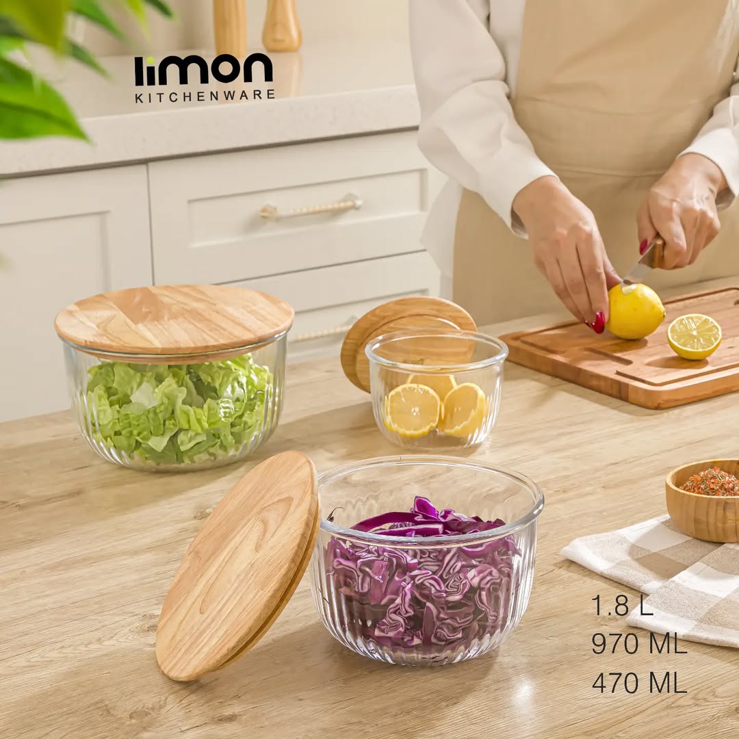 Limon Glass Bowl Set with Wooden Lid