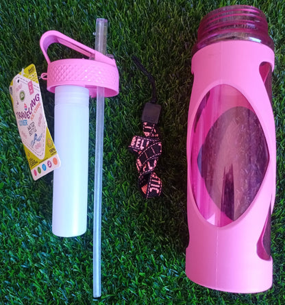 2 in 1 Plastic Water Bottle with String & Straw 580-ml!