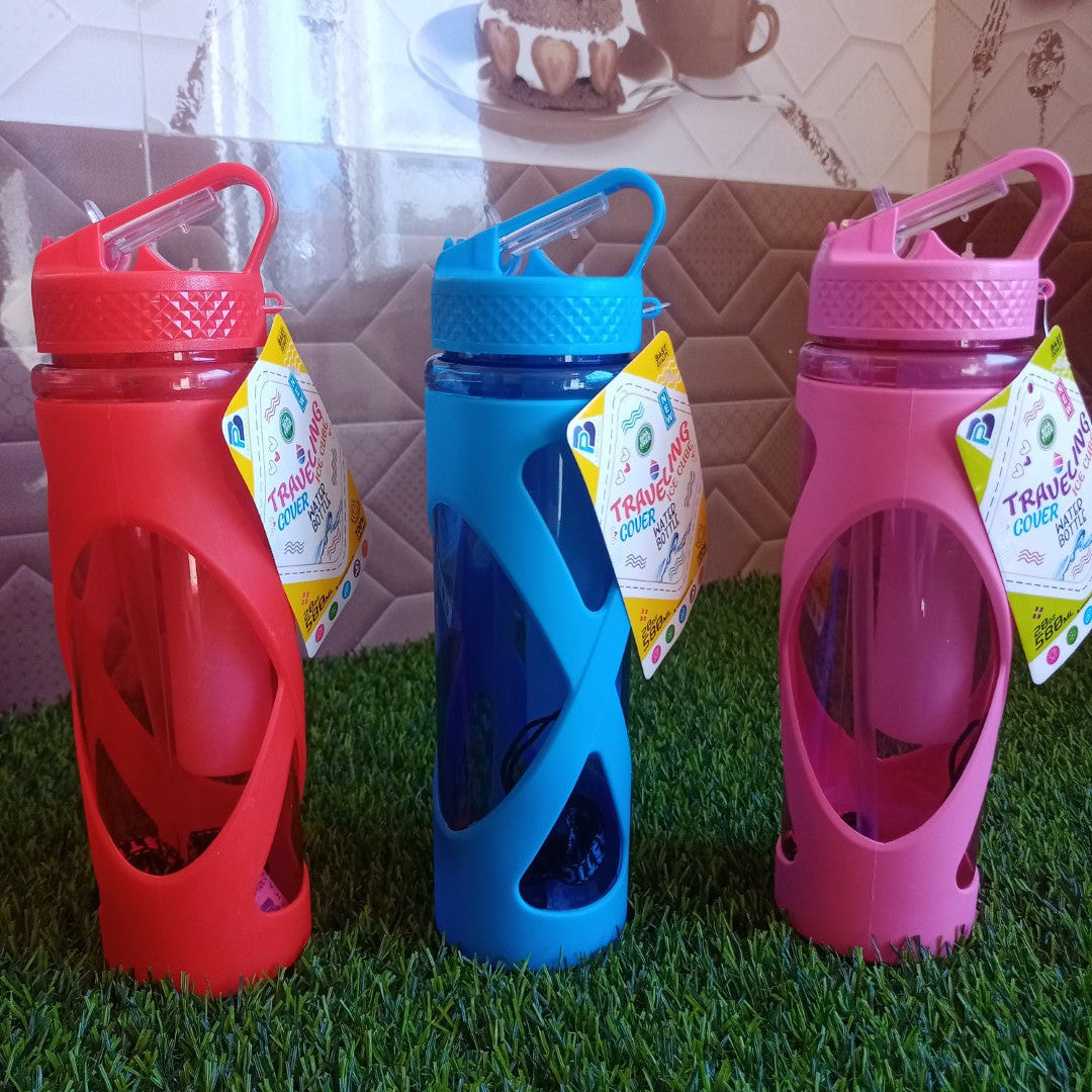2 in 1 Plastic Water Bottle with String & Straw 580-ml!