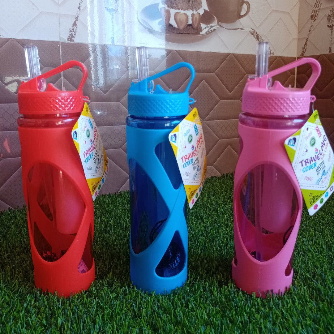2 in 1 Plastic Water Bottle with String & Straw 580-ml!