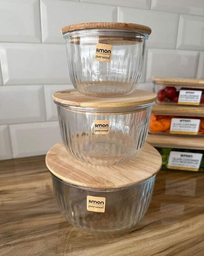 Limon Glass Bowl Set with Wooden Lid