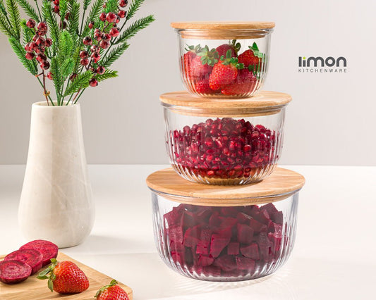 Limon Glass Bowl Set with Wooden Lid