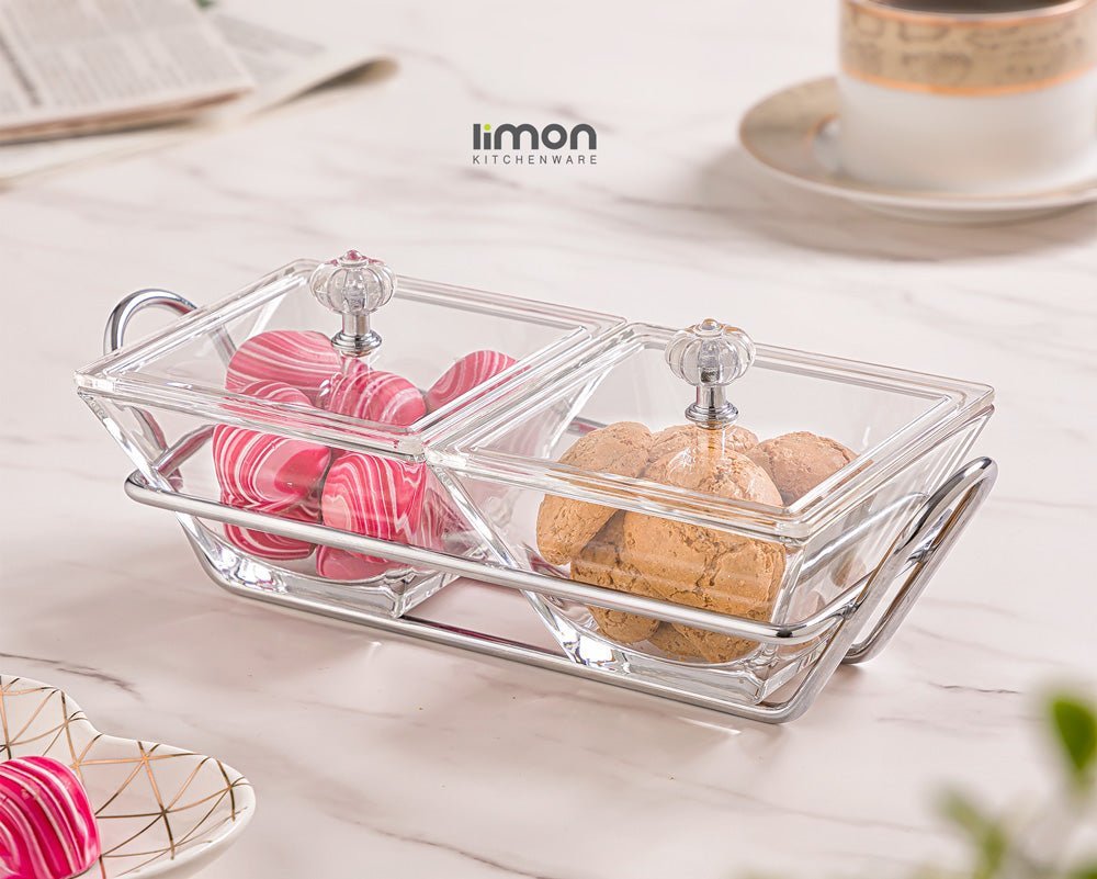 Limon Glass Snack Serving Tray 2 - Sections (Square) - HomeKet Traders