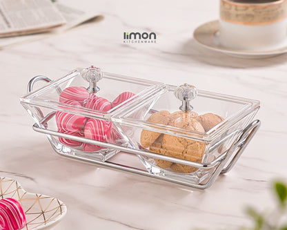 Limon Glass Snack Serving Tray 2 - Sections (Square) - HomeKet Traders
