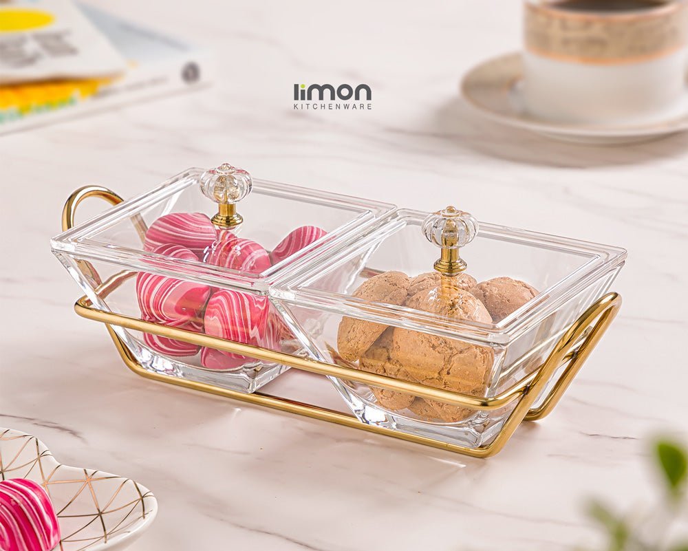 Limon Glass Snack Serving Tray 2 - Sections (Square) - HomeKet Traders