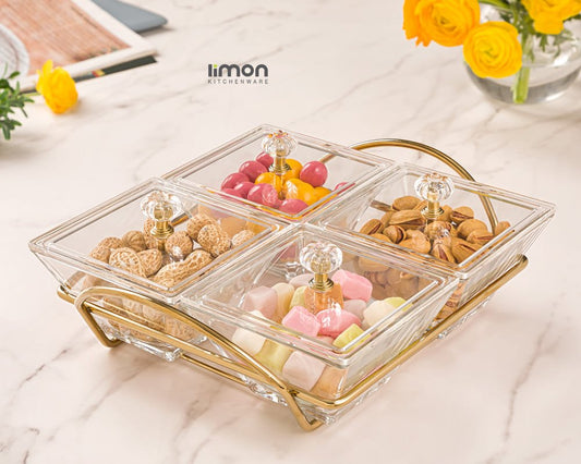 Limon Glass Snack Serving Tray 4-Sections (Square)